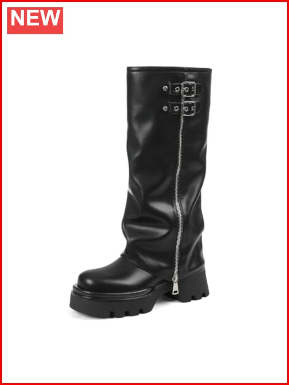 Faux Leather Platform Knee High Boots Fold Over Combat Riding Boots